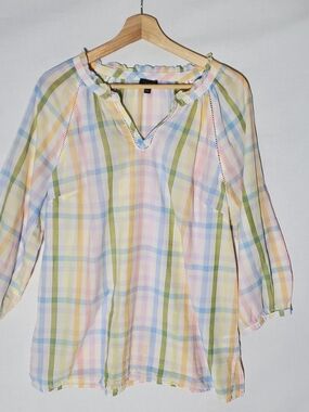 Talbots Pastel Plaid Peasant Tunic Blue Green Yellow Pink Rainbow Flowy Light L